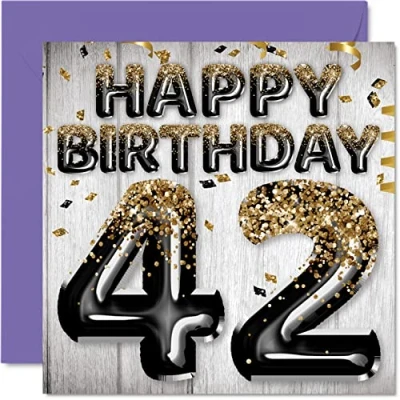 Imagen de Tarjeta de cumpleaños número 42 para hombres, globos negros y dorados con purpurina, tarjetas feliz hombre años, papá, primo, amigo, hermano, tío, 145 mm x mm, cuarenta