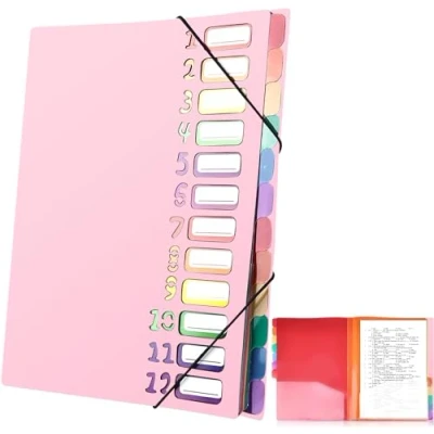 Imagen de Delamiya carpeta para documentos A4, portátil con 12 compartimentos, de plástico PP, goma, impermeable, material oficina escolar (negro)