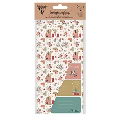 Imagen de Clairefontaine 20039C Juego De 2 Sobres Regalo Con Motivos Navideños Naturaleza Formato DL 11x22cm 160g Estampado Engomado Tema Navideño Invitación A Eventos Y Correspondencia