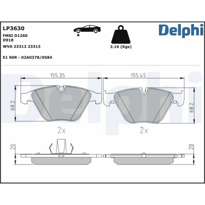 Imagen de DELPHI LP3630 Juego de pastillas freno preparado para indicador desgaste Chapa antichirridos sin accesorios BMW: Z4 Roadster, 5 Touring, 7