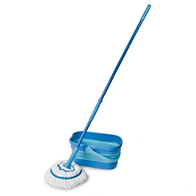 Imagen de Spontex Twist Mop Kit, Set de Fregona y cubo, microfibras con sistema autoescurrido incorporado, Cubo plegable 10L, Limpia suelos laminados, madera baldosas
