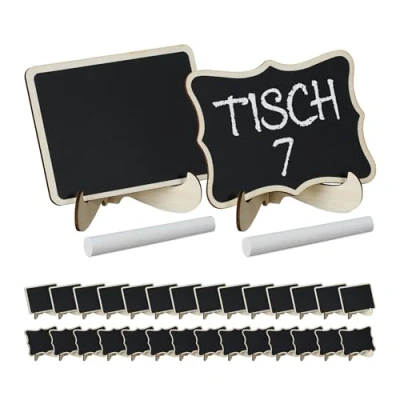 Imagen de Relaxdays Mini Letreros de Pizarra, Set 30, Tablillas para Etiquetar, Madera, 2 Tizas, Carteles Precios, Negro/Natural, 7,5 x 10 cm
