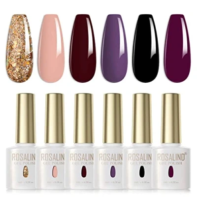 Imagen de ROSALIND Esmaltes Semipermanentes Oro Nude Vino Rojo Negro Violeta Púrpura 6 Colores Kit Pintauñas Uñas de Gel UV LED en Nail Polish