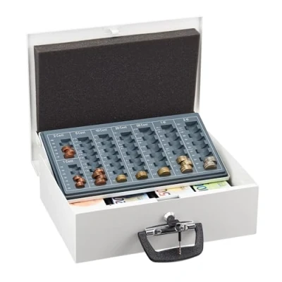 Imagen de Relaxdays Caja de Dinero con Contador Monedas, Cerradura Llaves, Hierro, 11,5 x 36 28,5 cm, Blanco