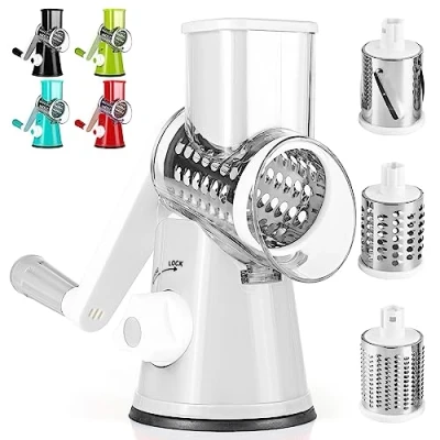 Imagen de Dreamhigh® Cortador de Verduras Manual, Rallador con 3 Acero Inoxidable Cuchillas Tambor Intercambiables, Fuerte Succión, Mandolina Cocina para Queso, Pepino, Zanahoria, Nueces
