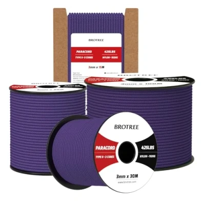 Imagen de Brotree Paracord 3mm 50M Cuerda 100% Nylon Tipo II 3 Hebras 425 para Exterior, Bricolaje 192 kg Carga de Rotura (Morado)