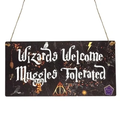 Imagen de Second Ave Wizards Welcome Muggles Tolerated Placa rectangular de madera negra para colgar en el hogar o dormitorio