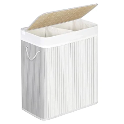 Imagen de SONGMICS Cesta de lavandería con tapa, 2 compartimentos, bambú, bolsa extraíble lavable, extraíble, asas algodón, 100 l, para colada, dormitorio, blanco, LCB64WT