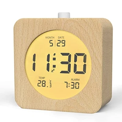 Imagen de aboveclock Reloj Digital, Despertador de Madera con Temperatura, Indicador Fecha, Mesa Luz Nocturna Y Módulo Repetición, Que Funciona Pilas