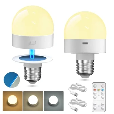 Imagen de Lamptobe Bombilla Recargable USB con Mando, 3 Temperaturas de Color Regulable LED E27, Lamparas Sin Cables, Base Desmontable, Imán, Temporizador para Luz Nocturna, Campament, 2 Unidades