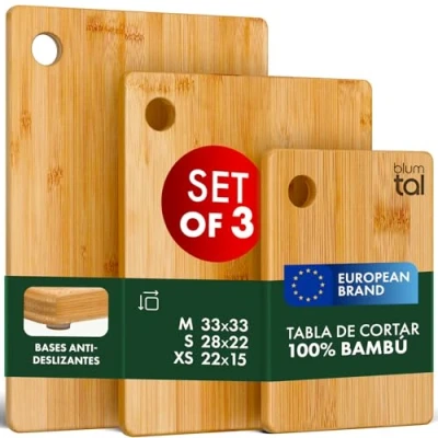 Imagen de Blumtal Juego de 3 Tabla Cortar Cocina Tablas Madera 100% Bambú Natural con base Silicona Antideslizante, Tamaños: 22 x 15cm / 28 22cm 33