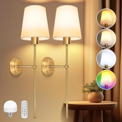Imagen de Ketom 2 Piezas Aplique de pared Interior Batteria Regulable, Apliques Vintage Oro, Recargable RGB Lámpara Inalámbricacon con Mando a Distancia, Pantalla Tela Blanca