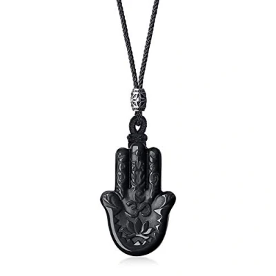 Imagen de COAI Collar con Colgante Amuleto de Protección Mano Fátima Obsidiana Negra Piedra Natural