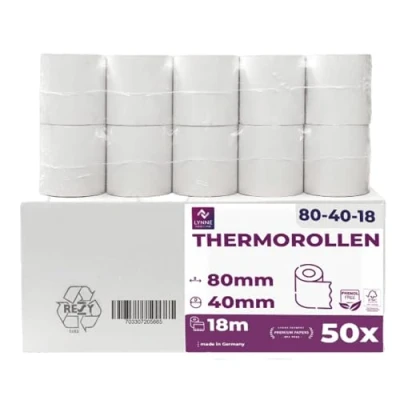 Imagen de Rollos térmicos de 80 mm x 40 12 mm, para caja registradora con impresora recibos, papel térmico, sin BPA (50 rollos)