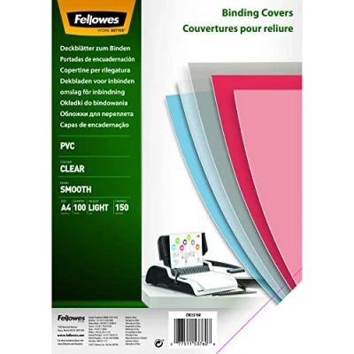 Imagen de Fellowes Portadas para encuadernar de PVC transparente, formato A4, 150 micras, pack 100 (5376001)