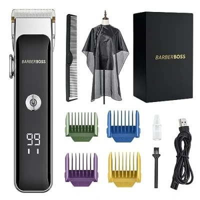Imagen de BarberBoss Recortadora facial profesional para barba y vello, dial de control precisión, 2 velocidades, recargable por USB, cuchilla cerámica titanio, pantalla LED, QR 2089