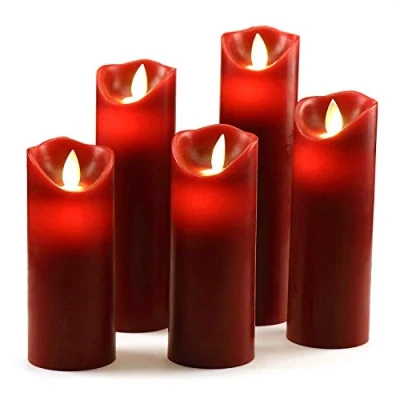 Imagen de OSHINE Velas sin Flama Parpadeo conjunto Decorativas : 5.5&quot;,6&quot;, 6.5&quot;,7&quot;y 8&quot; clásico Pilar cera real con movimiento Flame &amp; LED 10 teclas de control remoto 2/4/6/8 horas Timer（Rojo）