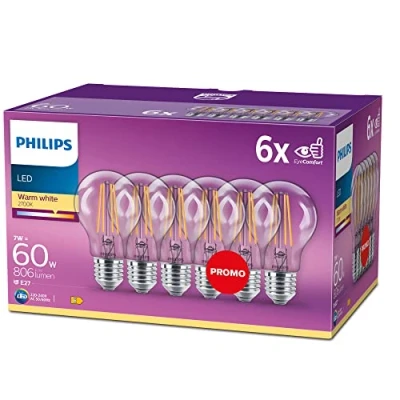 Imagen de Philips Bombilla LED cristal 60W estándar E27 luz blanca cálida, transparente, no regulable pack 6