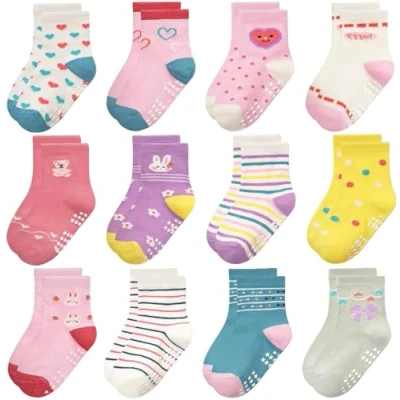 Imagen de Yafane 12 Pares de Calcetines Antideslizantes para Niños Pequeños Infantil Recién Nacido Algodón Bebés 0 7 años (FR/ES, Edad, 5 años, Multicolor 7)