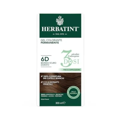 Imagen de Herbatint Gel colorante permanente 3Dosis, 300 ml 6D Rubio Oscuro Dorado, sin amoniaco, para pieles sensibles, cobertura 100% cabellos blancos, con 8 extractos naturales biológicos