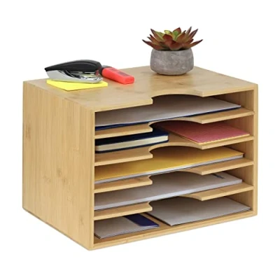 Imagen de Relaxdays Organizador para Oficina de Bambú, Bandeja Documentos A4 Escritorio, 5 Baldas, 23,5 x 32,5 24 cm, Natural, Tablero Fibras