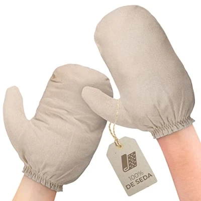 Imagen de MASSAGE EXPERT Guantes de seda Garshan cruda [1 par], Para peeling, Ayurveda, masaje en seco y celulitis. Pequeño