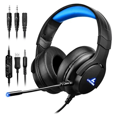 Imagen de LYCANDER Auriculares de diadema con luz LED y micrófono, cascos cable, entrada 3.5mm (para PC, PS4, Xbox One, Nintendo Switch más), Intermedio Negro/Azul