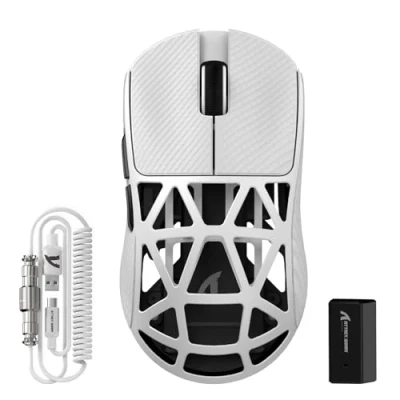 Imagen de ATTACK SHARK R2PRO 45g Superlight Ratón de Aleación Magnesio, Sensor PixArt PAW3950, 42000DPI Ultraligero Mouse, 8000Hz Sondeo inalámbrico, Cableado/2,4G/BT, con Cable en Espiral, PC/Mac, Blanco