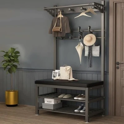 Imagen de Bagewniner Perchero con Banco,Árbol del Vestíbulo,Perchero Metálico de Pie Zapatero y 10 Ganchos, Mueble Recibidores Entrada, Colgador Ropa, Negro 100x32x172CM