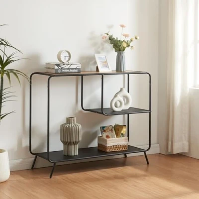 Imagen de [en.casa] Decorativo Mueble Recibidor en Forma Rectangular Versátil Consola Mesa de Entrada con 2 Estantes Estructura Metálica MDF 83x102x36 cm Negro y Efecto Roble