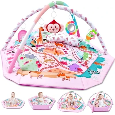 Imagen de TFDER 8 en 1 Gimnasio de Juegos para Bebe, Manta Actividades Antideslizante Infantil, Alfombra Gateo con Arco Juego y Juguetes Sensoriales,Juguetes bebés 0+ Meses,Rosa