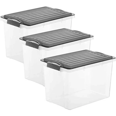 Imagen de Rotho Compact Juego de 3 Cajas Almacenamiento 19 L con Tapa, Plástico (PP) sin BPA, Gris Antracita/Transparente, x (40.0 28.0 27.0 cm)