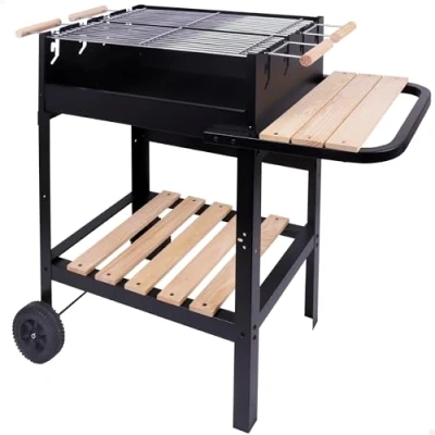 Imagen de AKTIVE Barbacoa de carbón portátil con doble parrilla, Metal, 100,5x40x88,5 cm, 3 alturas regulables, 2 ruedas para fácil transporte, Acabados en metal esmaltado y madera, Barbacoas carbon (52975)