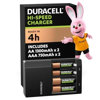 Imagen de Pilas + Cargador Duracell CEF14, 4 (2 AA y 2 AAA), 4h de carga, Negro