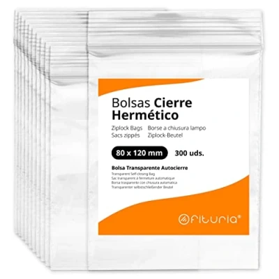 Imagen de Bolsas con Cierre Hermético de Plástico Transparentes Ideales para Congelar Alimentos, Guarda Documentos, Reutilizables y Conservación Ofituria (300 Bolsas, 80 x 120 mm)