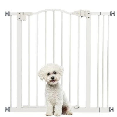 Imagen de PawHut Barrera de Seguridad para Perros Extensible 74 87 cm Puertas y Escaleras Puerta Mascotas con Montaje a Presión Doble Bloqueo Blanco