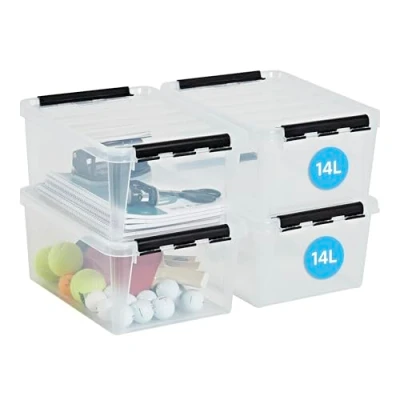 Imagen de SmartStore Cajas de almacenamiento plástico transparente 14 litros con tapa, 4 unidades, 10 años garantía, aptas para alimentos, cierre clip, apilable y estable, sin BPA 40x30x18cm