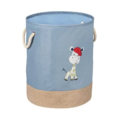 Imagen de WENKO Cesto para ropa Kids Gerry azul, bolsa colada infantil en moderno color rosa claro, simpático estampado de jirafas y dos asas algodón, 63 L capacidad un compartimento, Ø 40 x 50 cm
