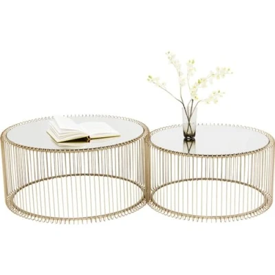 Imagen de KARE Design Wire (2 Set), Centro, Latón, Redonda, diámetro 63 y 53cm, Mesa Auxiliar, mesilla de Noche, Estructura Acero, Tablero Cristal Seguridad, salón, 34 x 70 cm (AxAxF), Metal, Oro