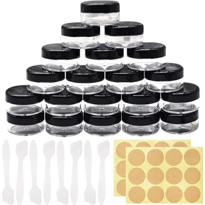 Imagen de Jicyor 20 Piezas tarros, tarros de plástico ml, Tarro vacío Transparente, Crema para Rellenar (2 Pegatinas Etiquetas y Mini espátulas)