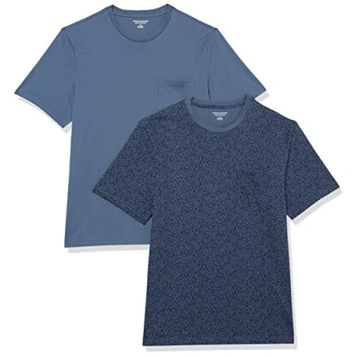Imagen de Amazon Essentials Camiseta de Manga Corta con Bolsillo, Cuello Redondo y Corte Recto Hombre, Pack 2, Azul Efecto Lavado/Estampado Floral, XS