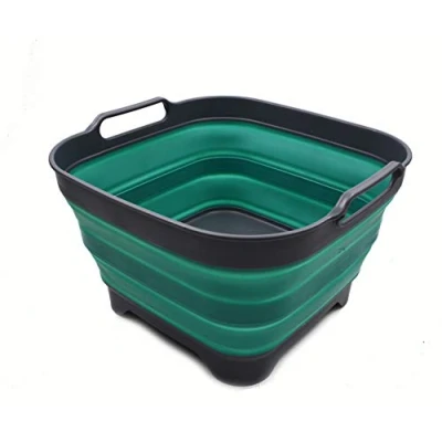 Imagen de SAMMART Sartén plegable de 10 litros con tapón drenaje, lavabo plegable, tina portátil para lavar platos, bandeja almacenamiento cocina que ahorra espacio (1, gris/azul turquesa)