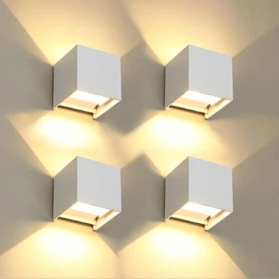 Imagen de FUPE 4 Piezas Aplique de Pared Exteriores/Interiores LED Lámparas Exterior Cúbicas Moderna Blanco 6W 3000K Luz Cálida IP65 Impermeables Cuadrado Aluminio Angulo haz Ajustable