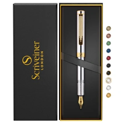Imagen de Scriveiner Pluma Estilográfica EDC de Lujo (Fina), Impresionante Pesada Bolsillo Acabado Oro 24K, Plumín Schmidt 18K, Convertidor, Set Escritura Diseño para Regalo