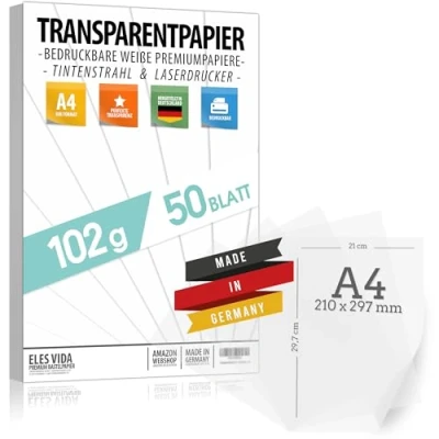 Imagen de 50 hojas de papel DIN A4 transparente PREMIUM 102g para autoimpresión, manualidades farolillo calco calco, película transferencia tarjetas lugar y linterna