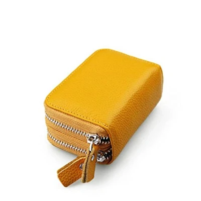 Imagen de AprinCtempsD RFID Cartera Tarjeteros Piel Genuino Monedero Pequeñas Portatarjetas Mini Cremallera para Mujer Hombre (Amarillo)