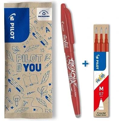 Imagen de PILOT set de 1 Frixion Ball + 3 recambios Bolígrafo borrable con tinta termosensible rollerball recargable plástico reciclado Rojo Punta media
