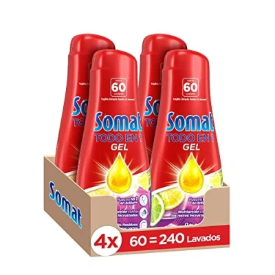 Imagen de Somat Todo En 1 Gel Lima Y 60 Dosis (pack de 4, Total: 240 Lavados), Jabón Lavavajillas Con Gran Poder Limpieza Para Ciclos Cortos, Vajilla Brillante, 1.08 l (Paquete 4), Limón, 4320 Mililitro