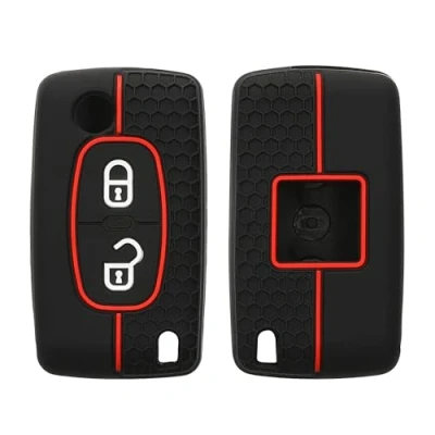 Imagen de kwmobile Carcasa Compatible con Llavero de Peugeot Citroen Llave Coche Plegable 2 Botones Funda para Mando Silicona Negro/Rojo