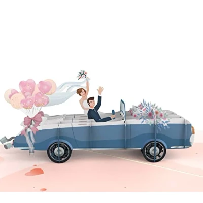 Imagen de MOKIO® Tarjeta de boda Pop Up Pareja novios en el coche la felicitación 3D para regalo matrimonio o luna miel, Recién casados, emergente con sobre